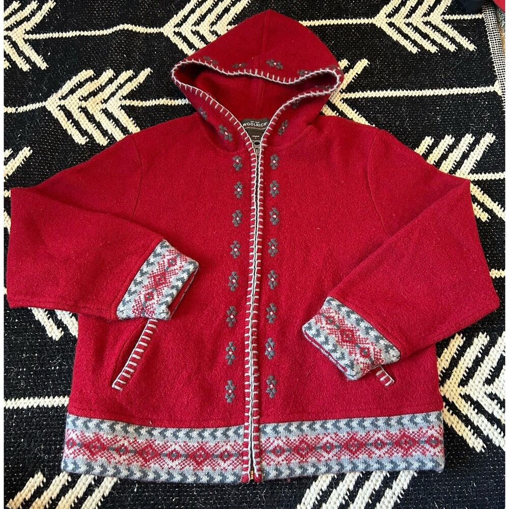 Woolrich Womens Ruby Red Full Zip Stitched Hoodie Small Rare Embroidered Sweater